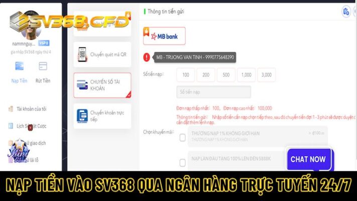 Nạp tiền vào SV368 qua ngân hàng trực tuyến 24/7