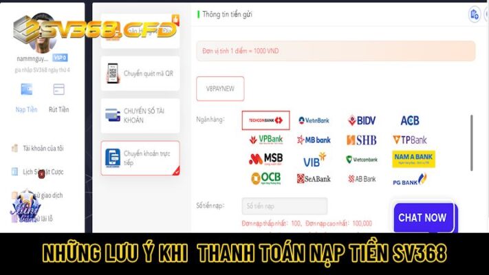 Những lưu ý khi thực hiện thanh toán nạp tiền vào SV368